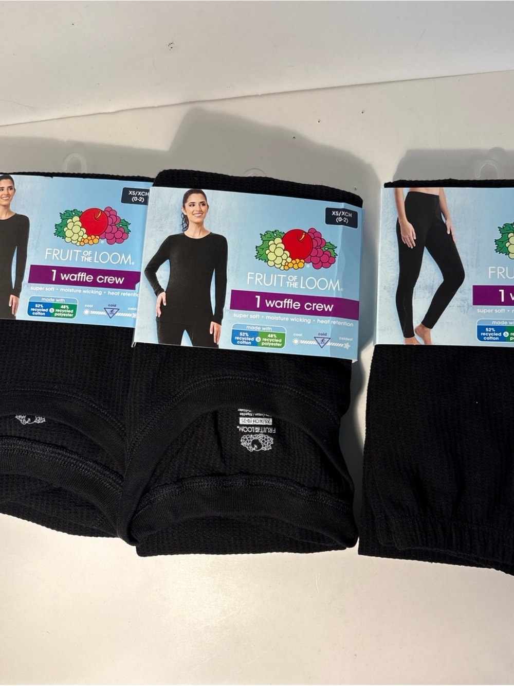Fruit of the Loom 2 Black Waffle Crew Long Sleeve Tops & 1 bottom xs - Picture 8 of 8